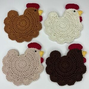 Chicken Cup Mug Coasters Set of 4 Handcrafted Crochet Handmade by Seller Cotton